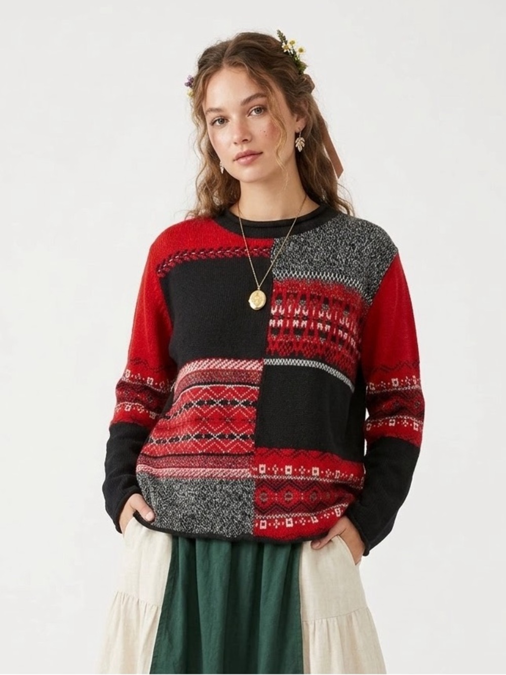 Vintage Grannycore Chenille Patchwork Sweater Fair Isle Boho Cottagecore Goblin